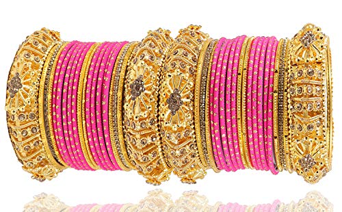 NMII Non-Precious Metal Base Metal with Zircon Gemstone Or Curved Shaped and Polka Dots Glossy Finished Chuda Set For Women and Girls, (Magenta1_2.4 Inches), Pack Of 40 Bangle Set