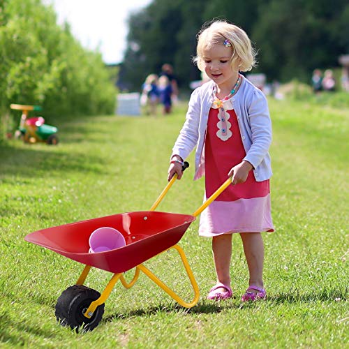 Nightcore Kids Metal Wheelbarrow, Metal Construction Toys Kart, Yard Rover Steel Tray, Tote Dirt, Tools, Leaves in Garden for Toddlers (Red)
