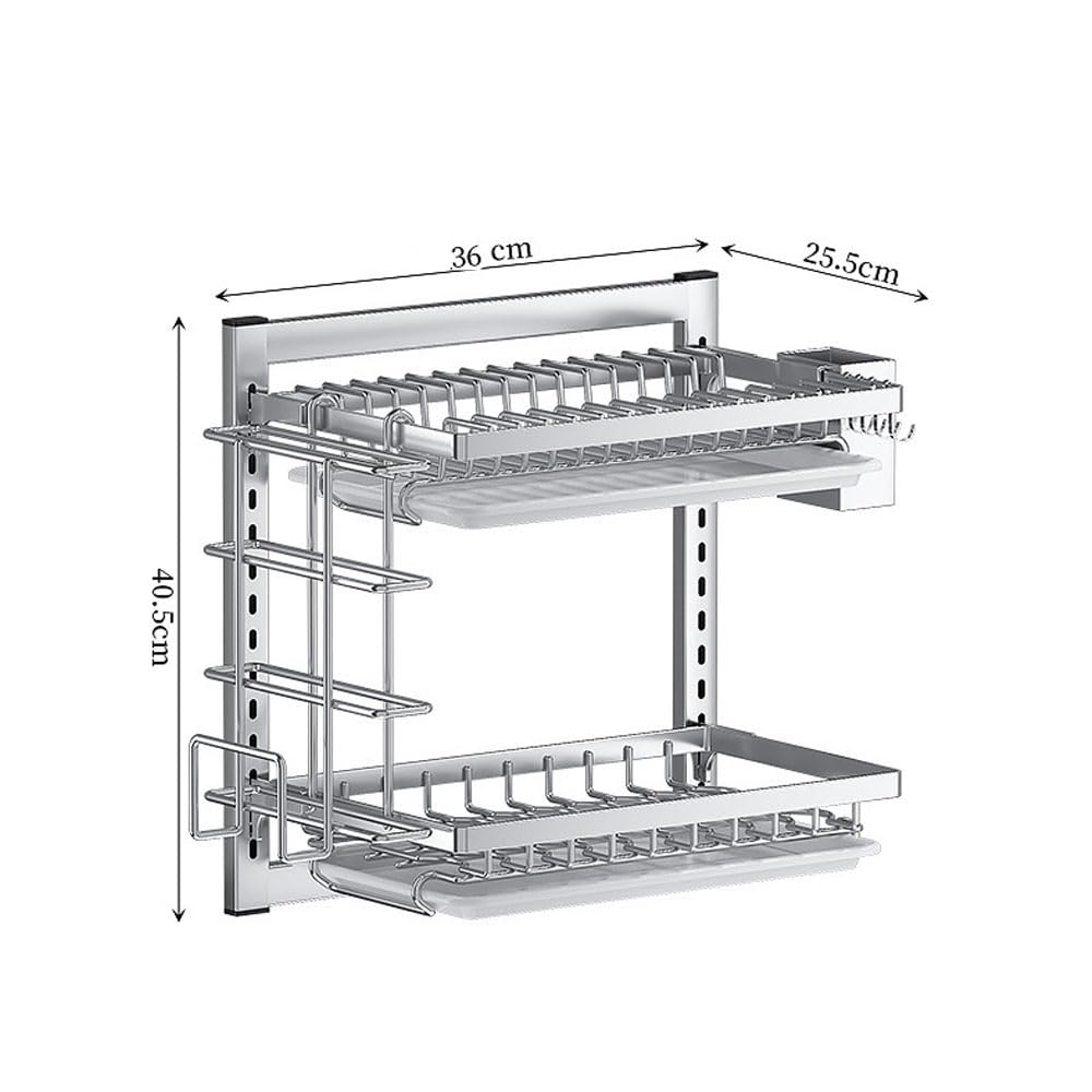 Escurridor de platos colgante montado en la pared, 2/3 niveles, ajustable, ahorra espacio, con escurridor, ganchos y soporte para cubiertos, fácil instalación sin taladrar (tamaño: 2 capas)