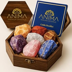 Anima Premium 7 Chakra Crystals Set – Perfect Spiritual Gifts for Women with Large Raw Rose Quartz, Amethyst and Lapis Lazuli Crystals in Wooden Box with Guide Booklet