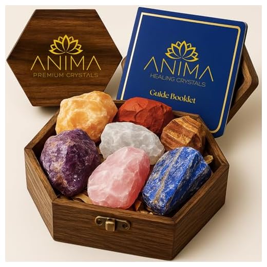Anima Premium 7 Chakra Healing Crystals Set for Energy Alignment - Large Raw Amethyst, Rose Quartz, Citrine, Lapis Lazuli, Clear Quartz, Tigers Eye & Red Jasper - Wooden Gift Box & Guidebook Included