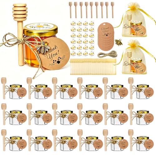 Hapneyea 20 pacotes de latas de mel de vidro de 425ml com colheres, pingentes de abelhas, sacos de presente, cartões de agradecimento, adesivos - adequados para presentes para bebês, casamentos e