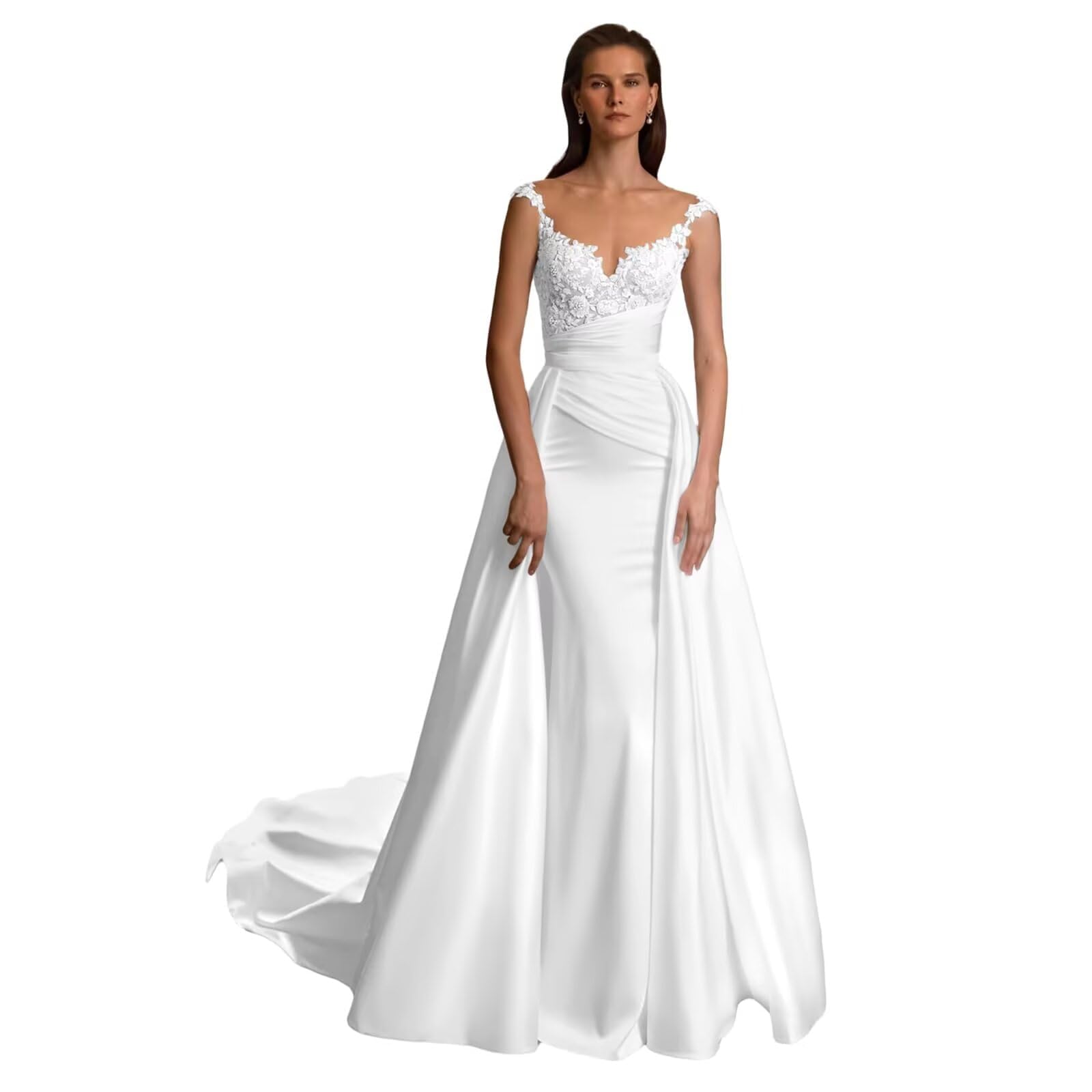 Vestido de Novia de Encaje con Hombros Descubiertos Vestido de Novia Estilo Boho Corte en A Vestido de Novia de satén Corte en A sin Tirantes MT078