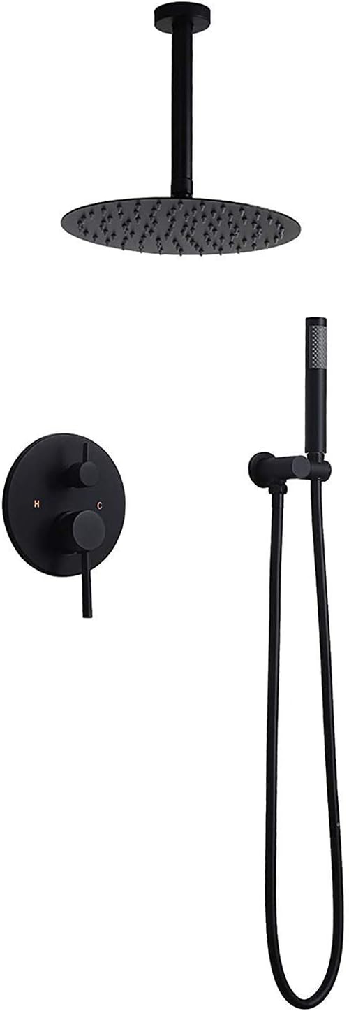 LUNEZY Contemporary Matte Black 10" Ceiling Mounted Round Rainfall Shower with Hand Shower Wall Mount Shower Combo Set with Rough-in Pressure Balanced Valve and Trims, Solid Brass