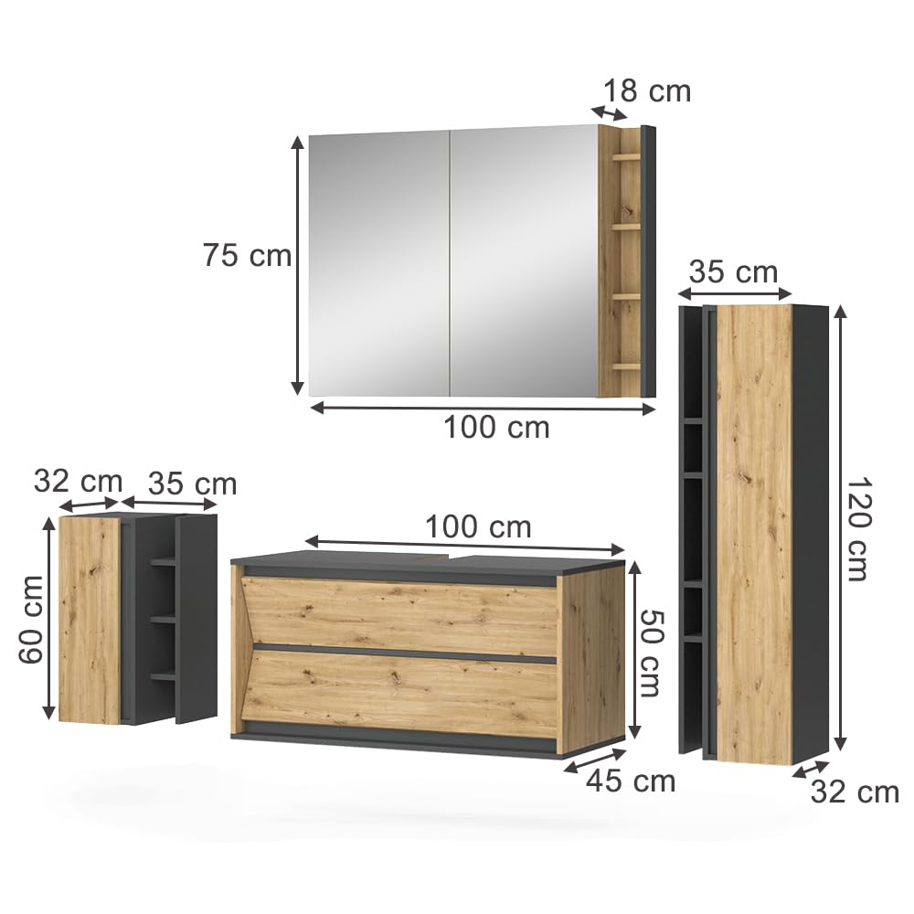 Vicco Badmöbel-Set Edelin, Anthrazit/Artisan, 100 cm, besteht aus Waschbeckenunterschrank, Spiegelschrank, Hochschrank und Midischrank