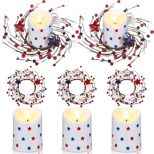 Yunlly 3 Set Mini Patriotic Candle Wreaths with Flameless Pillar Candles