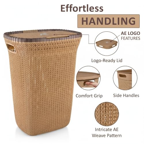 Image of KITCHIVO Plastic Large 55 Ltr Laundry Basket with Lid & Handle | Multipurpose Hamper Bins Storing Washable Clothes, Blankets | Household Ideal for Home & Bathroom (Marriott Cream Laundry Basket)