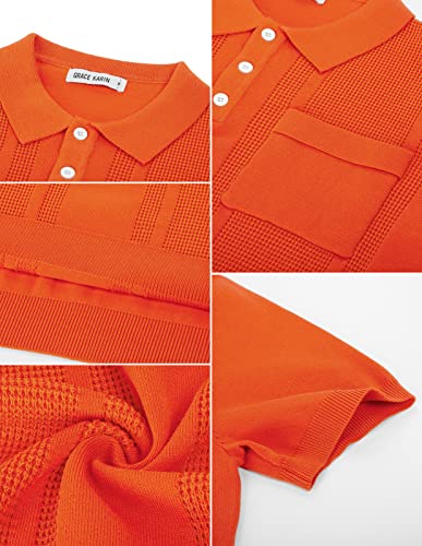 GRACE KARIN Men's Textured Knitted Bowling Polo Shirt Classic Short Sleeve Golf Shirts for Summer Orange L