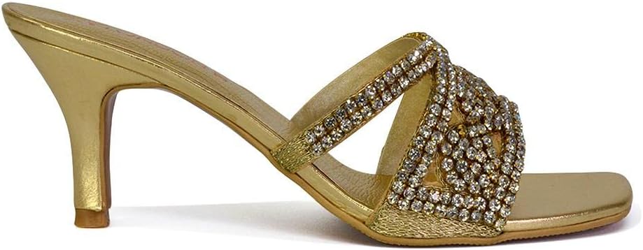 ESSEX GLAMWomens Slip On Kitten Low Heel Sandals Ladies Sparkly Diamante Shoes Size 5-10