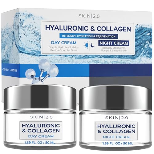 Skin 2.0 Hyaluronic Acid & Collagen Face Moisturizer – Deep Hydration & Firming Cream for Smooth, Youthful Look – Dermatologist Tested, Korean Skin Care Set, Vegan, Clean Beauty – Day & Night Duo