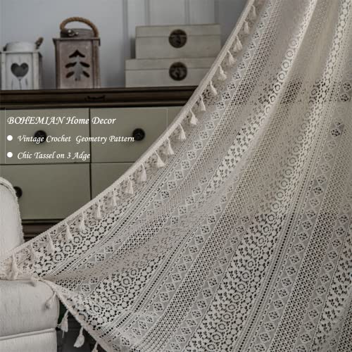Wazzio Boho Tassel Crochet Curtains For Living Room,Vintage Rod Pocket Bohemian Curtains Geometry Striped Knitted Lace Light Filtering Curtains 84 Inches Long 2 Panel Set For Bedroom Bay Kids,Beige #TOP6