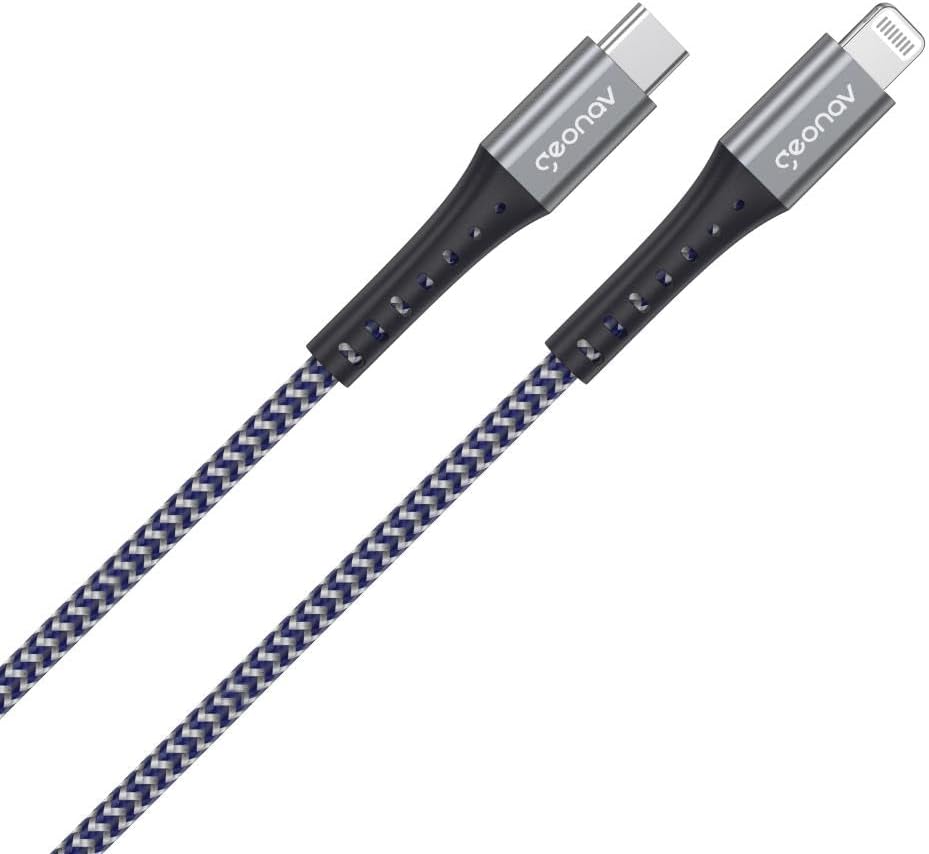 Original Apple MFi Certified Geonav Cabo for iPhone, iPad, iPod: Lightning to USB-C, 2M, Ultra-Durable Kevlar Inner Coating, Blue/Gray (LIUC02K).
