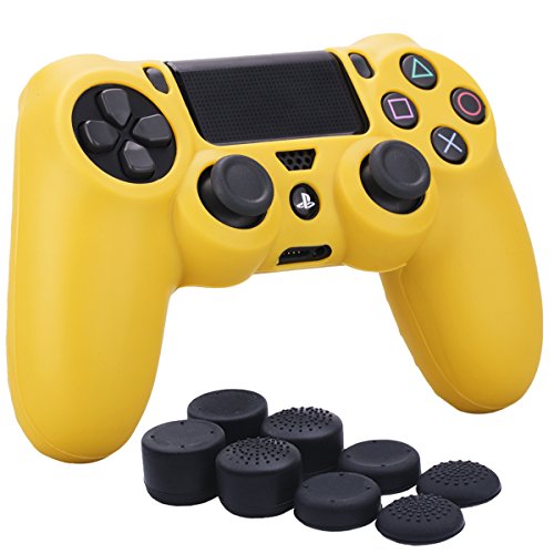 YoRHa Silicone Cover Skin Case for Sony PS4/slim/Pro Dualshock 4 Controller x 1(Yellow) With Pro thumb grips x 8
