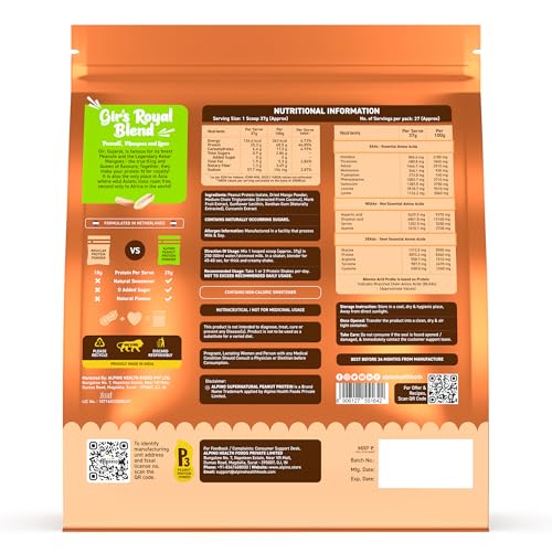 Image of Alpino Supernatural Peanut Protein Powder Kesar Mango 1kg - 25g Plant Based Protein, 6.1g BCAAs, No Added Sugar, Vegan