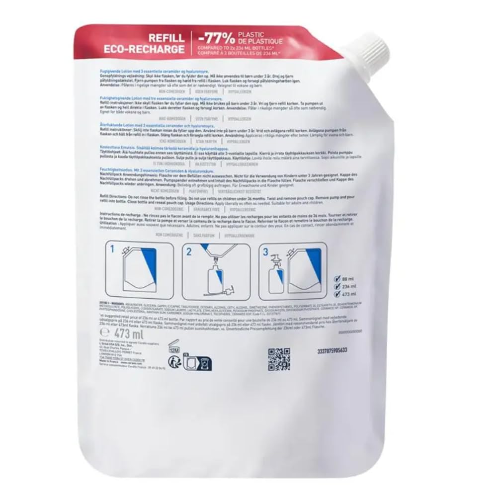 CeraVe Lozione Idratante, Per Pelli da Secche a Molto Secche, Barriera Cutanea Sana e Ripristinata, Con Ceramidi e Acido Ialuronico, Confezione Refill, 473 gr