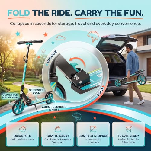 Image of Speedster Kids Scooter for Kids 6-12 &Adults | Foldable Height Adjustable Super Skating | 2-Wheel with Rear Brake | Max User Weight 100 Kg | Sea Green