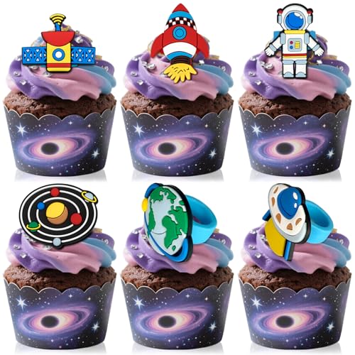 24 PCS Space Astronaut Cupcake Ring Toppers Planet Rocket Spaceship Trip to the Moon Cupcake Picks Space Themed Party Cake Decorations for Kids Birthday Baby Shower Outer Space Themed Party Supplies