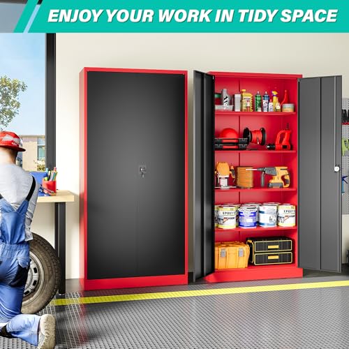 Image of SISESOL Wide & Deep Metal Storage Cabinet with Lock & Adjustable Shelves,72 inch Red Black Garage Storage Cabinet with Locking Doors,Lockable Cabinets for Home,Office,Shop,Garage,Basement 72x36x18