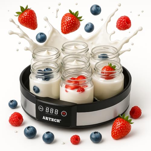 Trendi Digital Yoghurt Maker with 7 Glass Jars Electric Compact Stainless Steel Yogurt Maker Machine with LED Display & Timer 180ml Glass Containers for Fresh Healthy Homemade Desserts