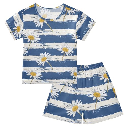 ALAZA Daisy Flowers Blue Stripes Pajama Set Short Sleeve Sleepwear Soft Lounge Nightwear