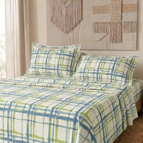Image of LANE LINEN Symphony | 100% Cotton Sheet Set | Soft & Breathable Fabric | 3 Piece (1 Bedsheet + 2 Pillow Covers) | Super King Bed Sheet Set - Zesty Blue Crosshatch