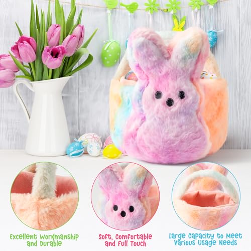 Image of Easter Fluffy Bunny Basket - Soft Plush Basket Hunting Egg Candy Reusable Tote Bags for Easter Spring Party Decorations Supplies Baby Shower - 11.8 x 9.8 inch (Colorful)