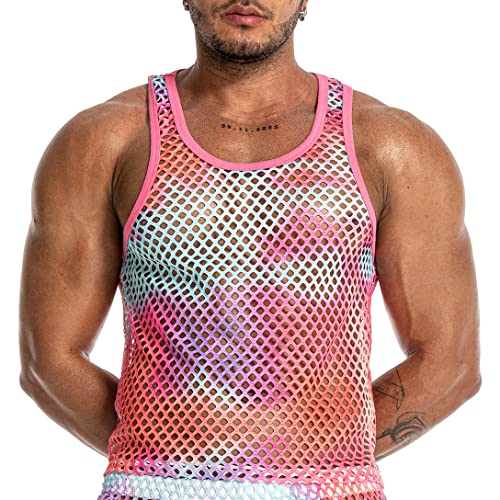 Mens See Through Sleeveless Shirt Mesh Tank Top for Men Crew Neck Fishnet Fitted Muscle Shirt Clubwear