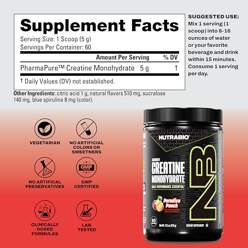 Image of NutraBio Pure Micronized Creatine Monohydrate Powder Supplement,Paradise Punch,(300g)-Supports Bulk Muscle Energy, Recovery, and Strength-HPLC Tested Creatine Powder Supplement for Men and Women