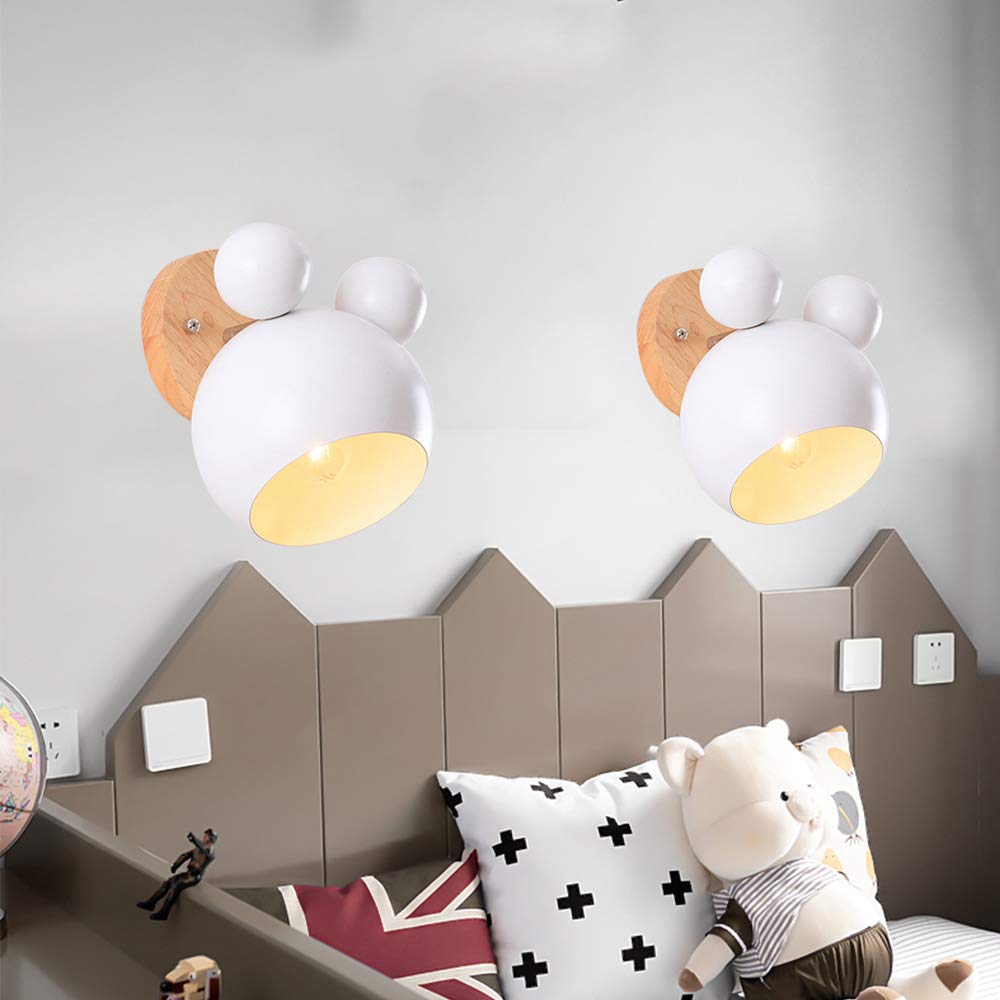 SMCCYYSD 2pcs Nordic Macaron Wooden Wall Lights LED Lamp Kids Bedroom Bedside Lighting E27 Decorative Sconce White