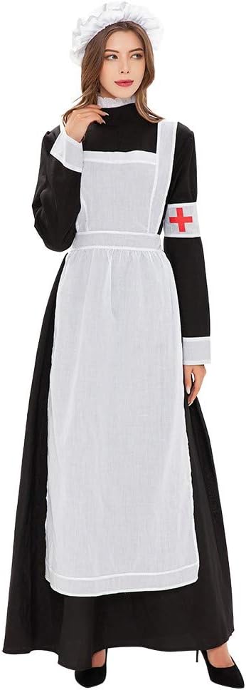 XUNRYAN Women Florence Nightingale Costume Adult Historic Victorian War Nurse Halloween Costumes with Apron Hat Outfits