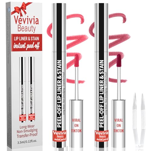 Vevivia 2pcs Lip Stain Peel Off - Lip Liner Stain Long Lasting Waterproof,2-in-1 Lip Liner with Tweezer Nude Matte,Non-Stick Cup, Highly Pigmented,Stay On All Day,Perfect for Gift (Nude+Mauve)