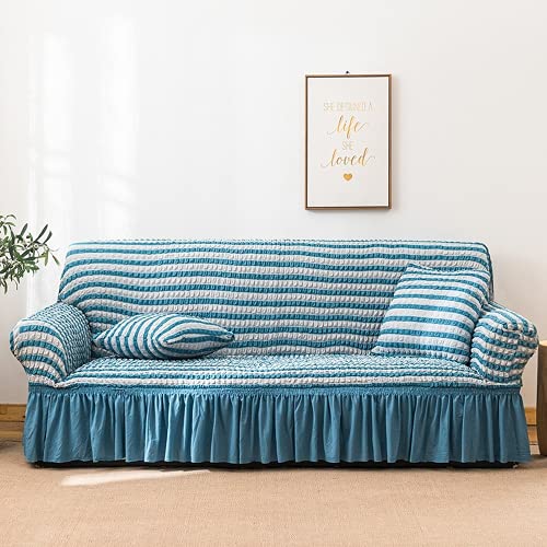 Funda de sofá elástica de sirsaca bicolor azul con faldón, protector antipolvo para muebles de sala de estar, tela suave, adecuada para la mayoría de sofás (3 plazas, 190 a 230 cm)