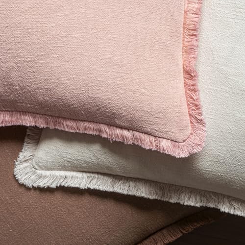 Image of MIULEE Valentines Decorative Throw Pillow Covers Neutral Linen Fringe Throw Pillows Set of 2 Pink Boho Farmhouse Cushion Covers with Tassels for Couch Sofa Bed Living Room Spring Decor 20x20 Inch