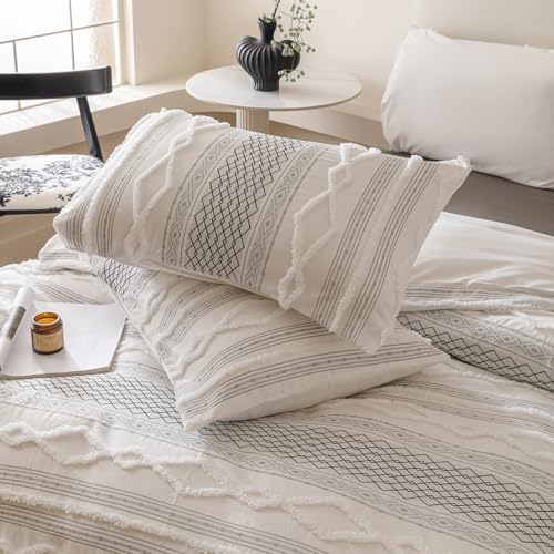 Image of KAREVER Ivory Black Boho Comforter Set Queen Mixed Textures Jacquard Bedding Set Durable Chic and Stylish Bedroom Set