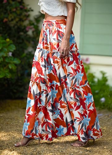 Image of Lepunuo Womens Casual Boho High Waisted Flowy Maxi Skirts Tiered Floral Long Skirts with Pockets for Summer Beach Vacation