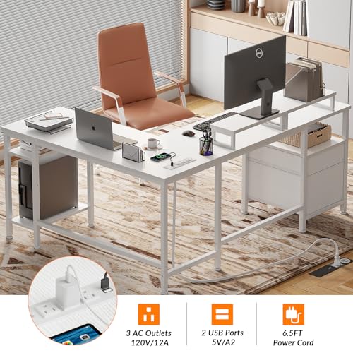 Image of Furologee White 59 inch L Shaped Desk with Power Outlet, Reversible Computer Desk with File Drawer & 2 Monitor Stands, Corner Home Office Table with Storage Shelves for Gaming Writing
