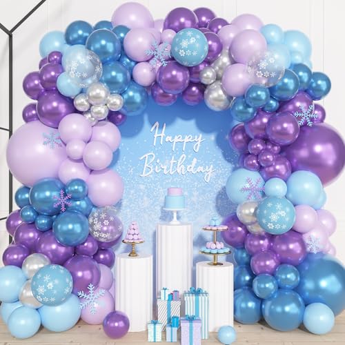 Ouddy Life 157 Pcs Frozen Balloon Arch Garland Kit, Blue Purple Sliver Snowflake Balloons Different Size for Winter Princess Wonderland Baby Shower Decorations Ice Snow Theme Birthday Party Decor