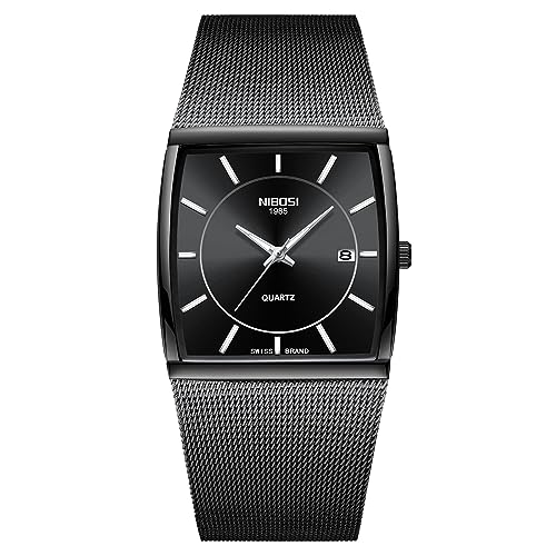 NIBOSI Men's Watches Business Fashion Top Brand Luxury Dress Casual Watch Mesh Strap Waterproof with Date Square Wristwatch (Black 1)