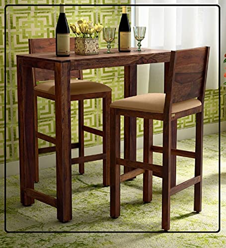 Image of Solid Sheesham Wood Bar Dining Table 2 Seater Set /Wooden Dining Set with 2 Chairs (Teak Finish, 2 Chair, 1 Table)