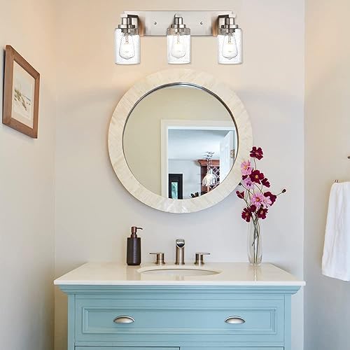 Miniatura 5 de Lámpara de tocador de baño de níquel cepillado sobre espejo, 3 luces de metal con pantallas de vidrio sembrado