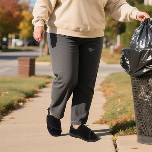 HomeTop Women's Corduroy Slippers Comfy Adjustable Hook and Loop Memory Foam Indoor Closed-back House Shoes for Diabetic Swollen Feet2