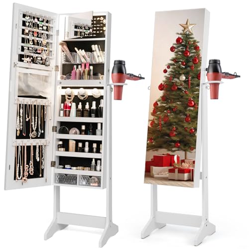 CHARMAID Jewelry Cabinet Armoire with Full Length Mirror, Flip-open Vanity Mirror, 3 Color LED Lights, Hair Dryer Holder, Lockable Standing Jewelry Organizer with Storage Shelves Drawers (White)