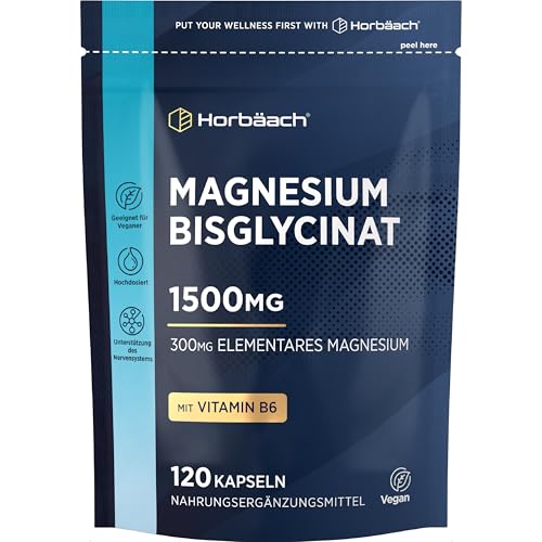 Magnesium Bisglycinat Hochdosiert 1500mg | Glycinat liefert 300 mg aus elementares Magnesium | 120 vegane Kapseln | von Horbaach