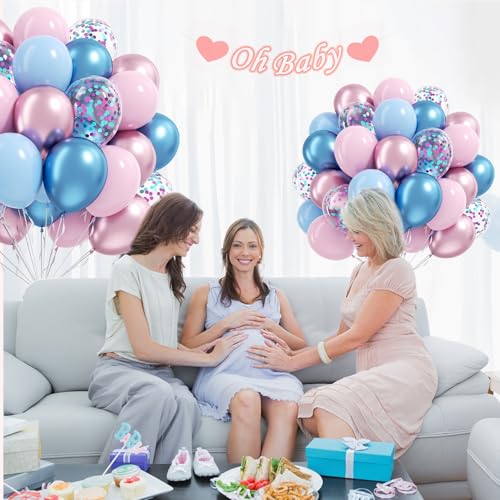 Image of 61pcs Pink and Blue Balloons, 12 Inch Macaron and Metallic Blue Pink Latex Party Balloons for Gender Reveal Baby Shower Wedding Bridal Shower Birthday Graduation Party Decorations