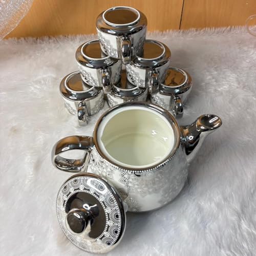 Image of DMRD MART-Porcelain Tea Set with Kettle |Tea Cup Set 7Pc | Aesthetic and Classic Cups Set | Premium Crockery for Home & Gifting with Golden Color Geometric Pattern Design. (Silver Lattice)