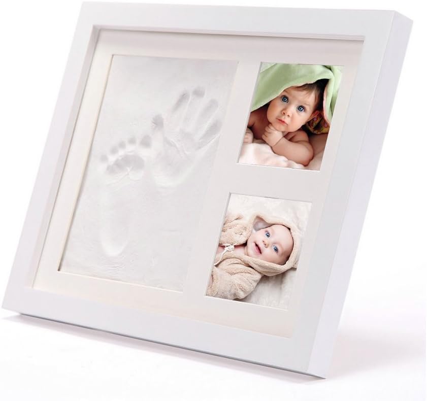 Baby Handprint and Footprint Mold Frame Kit - Memorable Keepsake for Boy or Girl for New Moms - Solid Wood with Wall Mount or Stand - Safe Non-Toxic Clay and Acrylic Glass