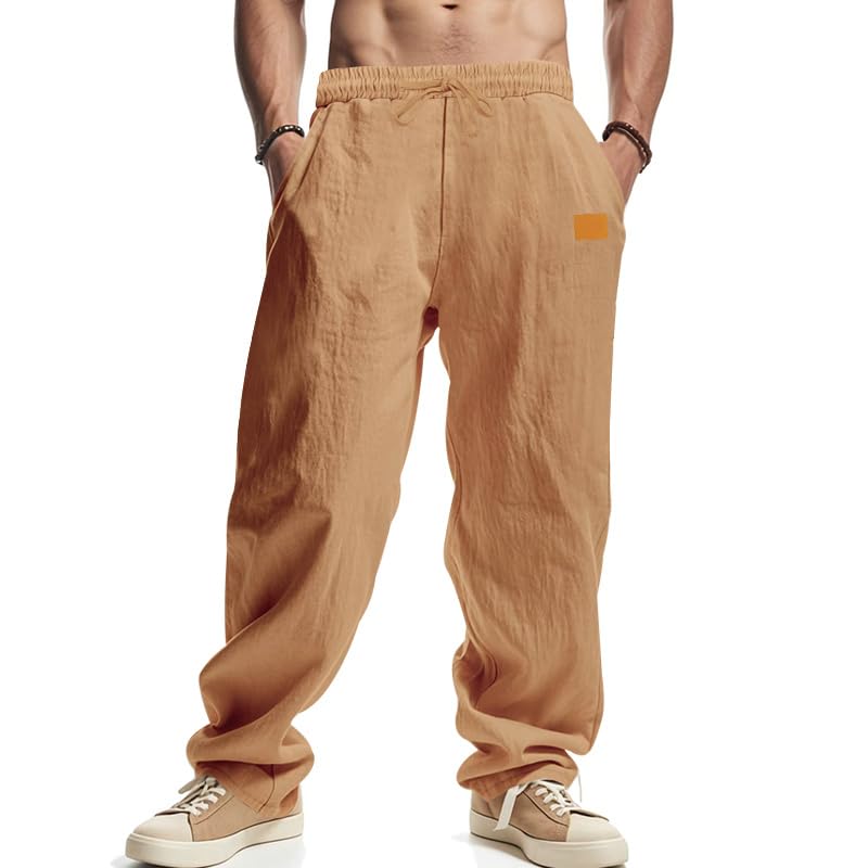 Linen Pants for Men Straight Leg Drawstring Elastic Waist Casual Pants Lightweight Beach Trousers with Pockets