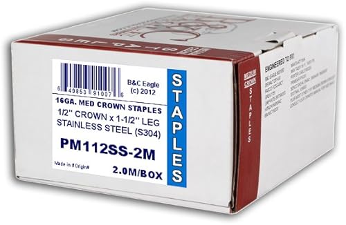 Miniatura 2 de B&C Eagle PM112SS-2M - Corona mediana de 1-1/2 pulgadas de largo x 1/2 pulgadas x calibre 16 S304 grapas de construcción de acero inoxidable (2,000