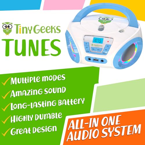 Image of TinyGeeks Tunes Kids Boombox CD Player for Kids - NEW 2023 - FM Radio - Batteries Included - Cute white Radio cd Player with Speakers for Kids and Toddlers - Blue | Colourful disco lights for dancing fun and make a great gift, blue