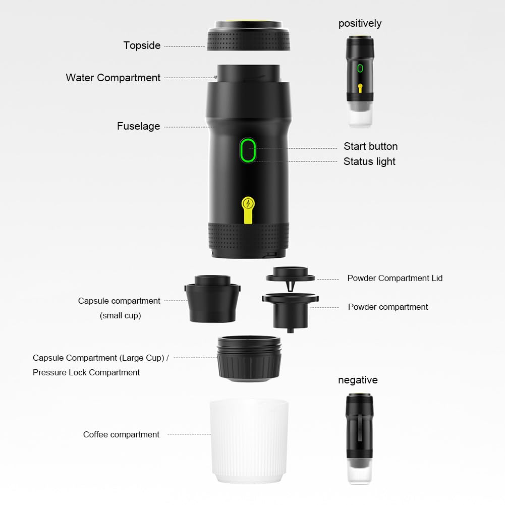 Cafetera portátil expreso, 3 en 1 de viaje recargable de 12 V, compatible con cápsulas, cafetera eléctrica inalámbrica para camping, viajes, RV, senderismo, oficina (Negro)